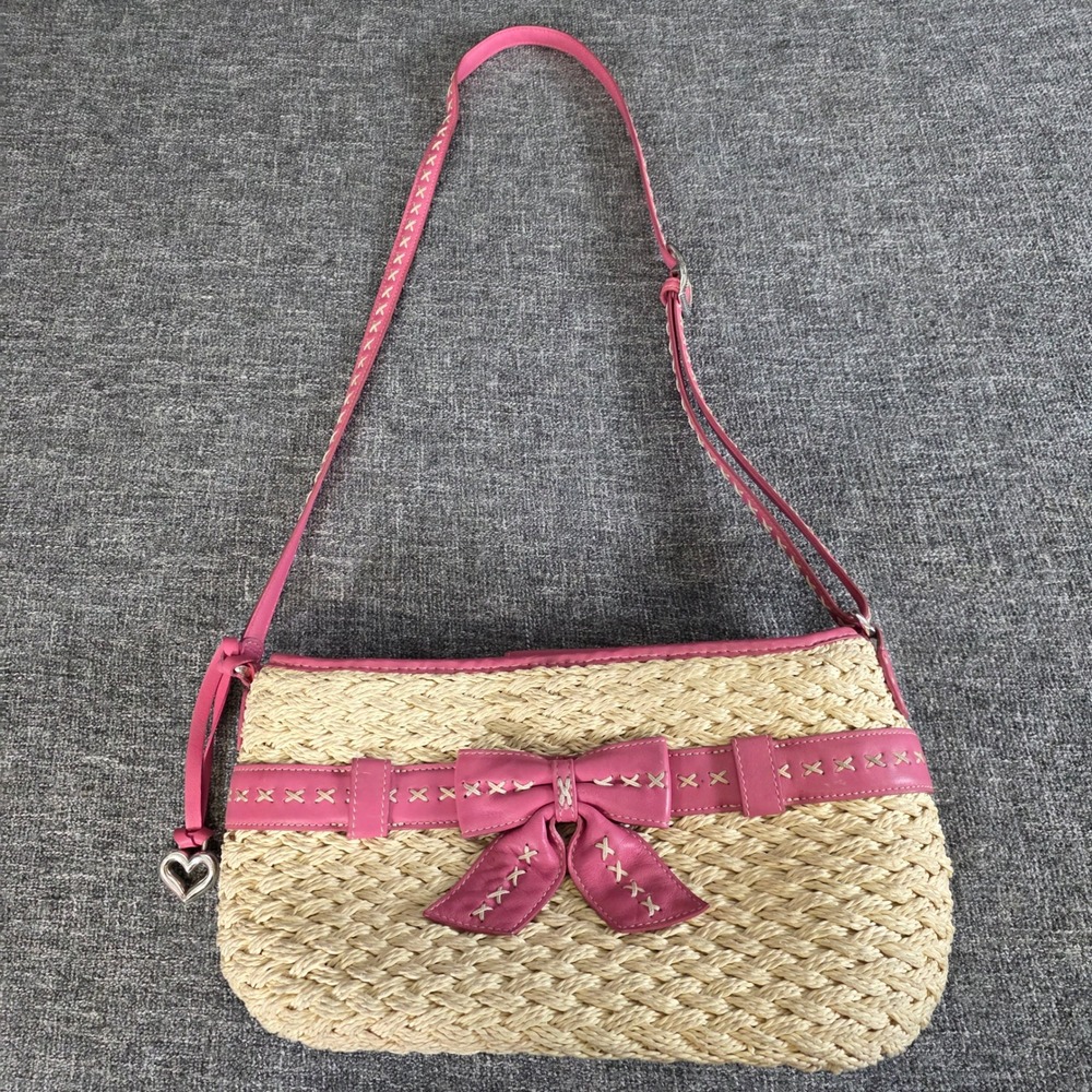 Brighton Pink Leather Trim Woven Straw Bow Crossbody Bag Heart Charm